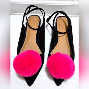 Asos Women's Pink Pom Pom Black Ballet Flat Ankle Strap Shoes Size 6 Gorgeous
